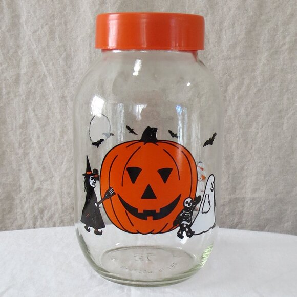 Vintage Halloween Carlton Glass Jar Canister 3 Liter Pumpkin Ghost Made USA